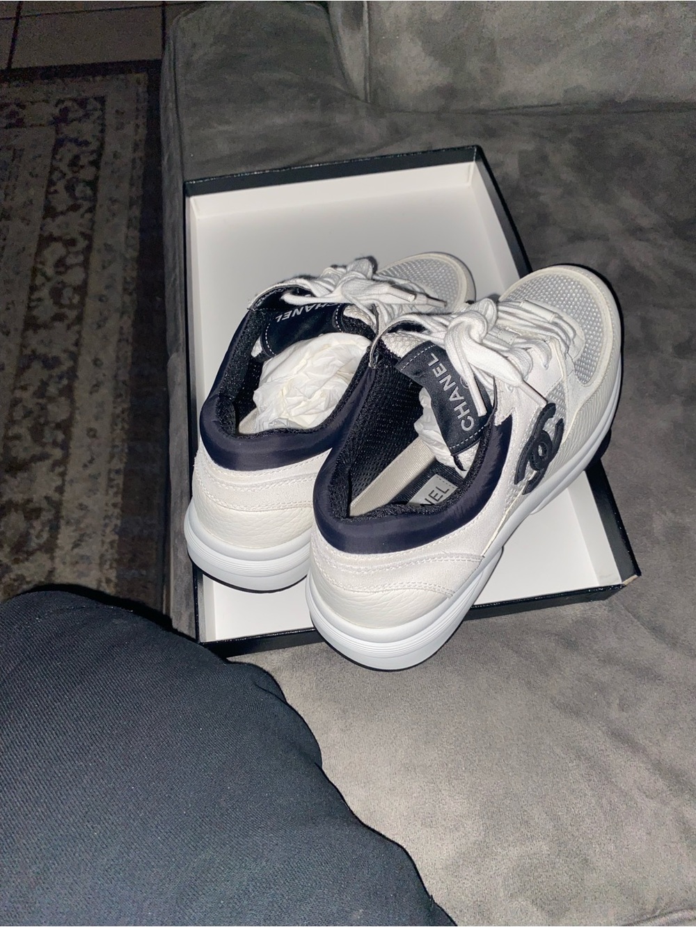 CHANEL White and Black Low-Top Sneakers